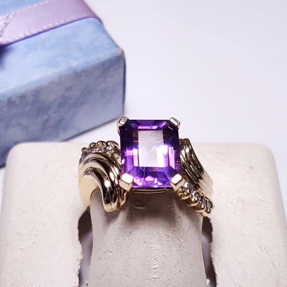 Estate 3.85ctw Natural Amethyst & Diamond curved shrimp sides 14Kt YG Ring#23070 - Picture 1 of 6